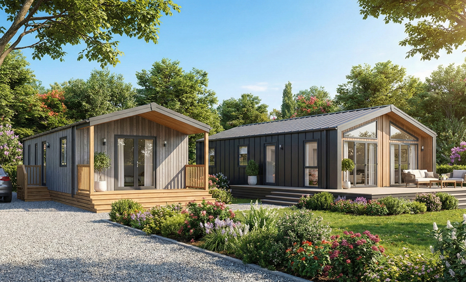 Modern mobile home in San Antonio showing singlewide and doublewide options with garden and porch